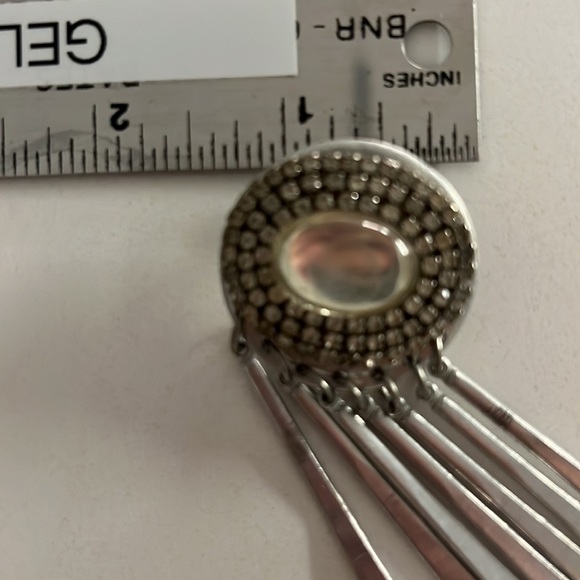 VINTAGE EARRINGS 70s clip long rhinestone moonstone tassel metal silver dangly - Picture 7 of 10